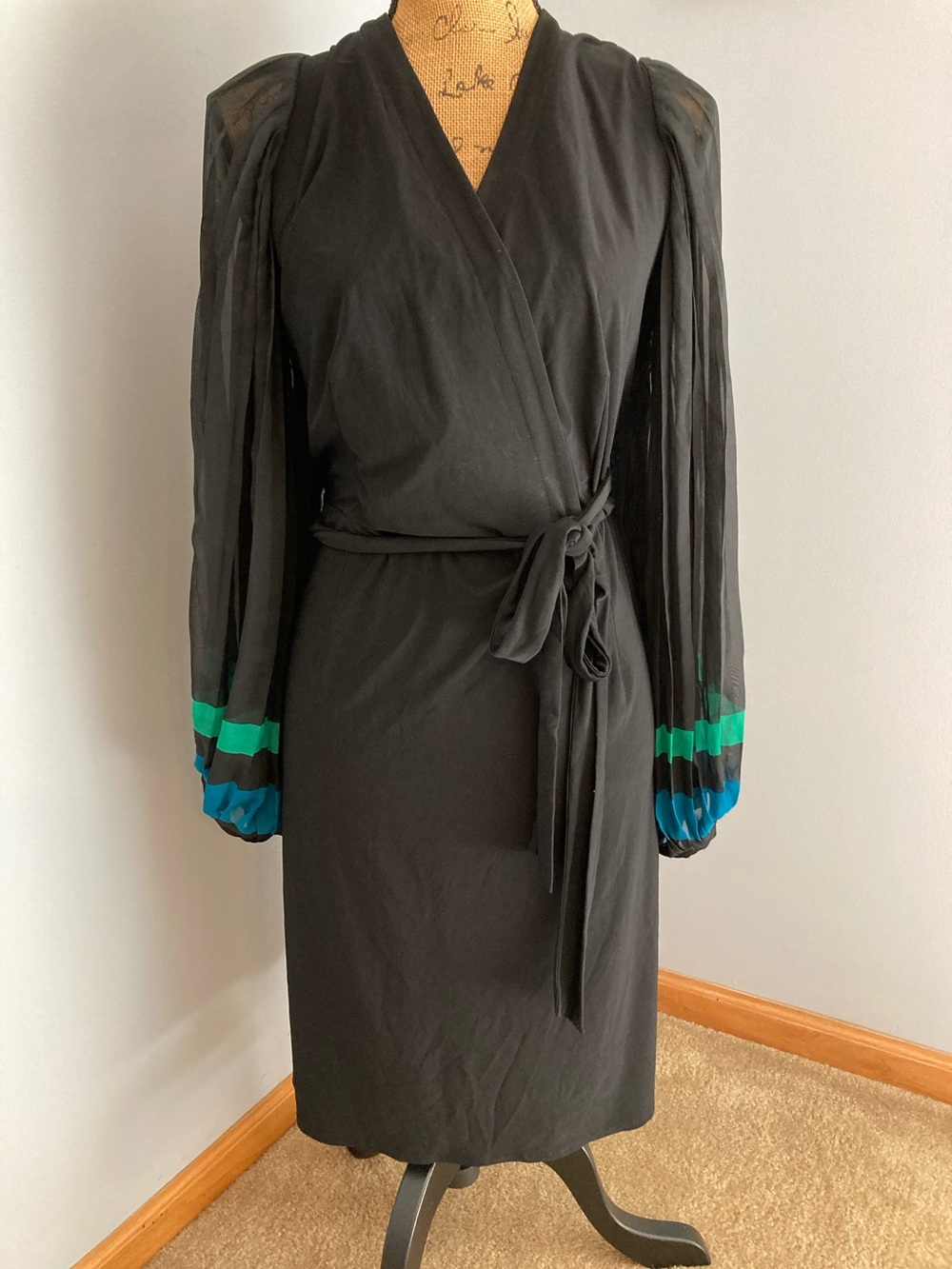 Taylor Black Long-Sleeve Faux-Wrap Dress Teal/Green Stripe Cuffs Women Size 18W